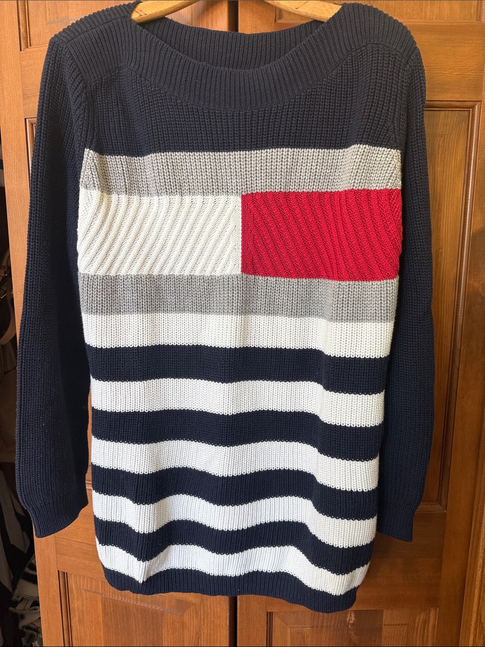 Tommy Hilfiger Navy, White & Red Striped Crewneck Sweater